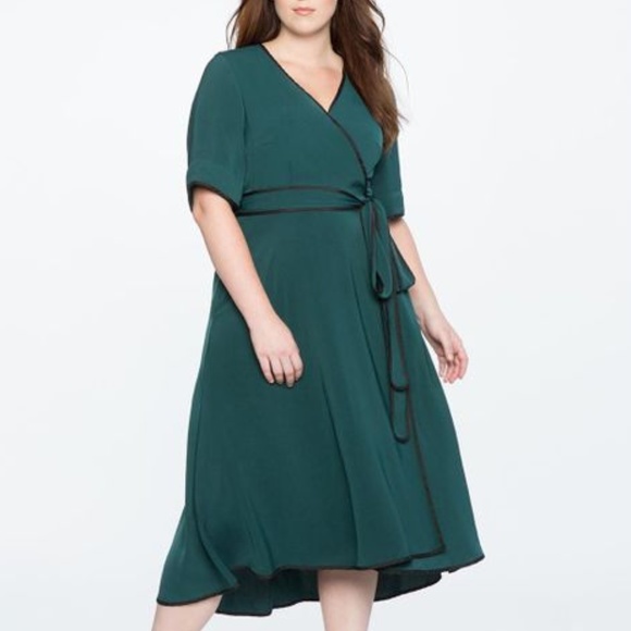 Eloquii Dresses & Skirts - ELOQUII True Wrap Dress Green with Black Piping